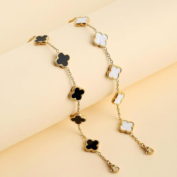 2PCS BLACK AND WHITE 18K Gold bracelets for  Clover Bracelet Set - Picture 1 of 8